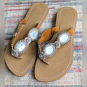 Skemo Tan Beaded/Crystal/Shell Women's Sandals Coastal Cowgirl Boho 7